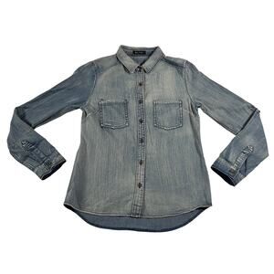 NEW BLVD Chambray Button Up Shirt Size S Roll Tab Sleeve Casual Hipster Classic